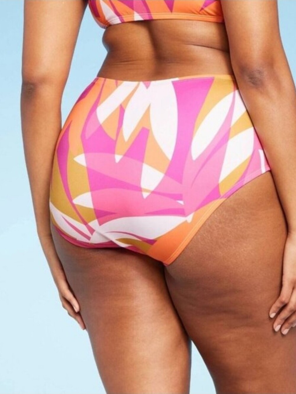 Kona Sol Leaf-Print High-Waist Bikini Bottoms Pink Orange White